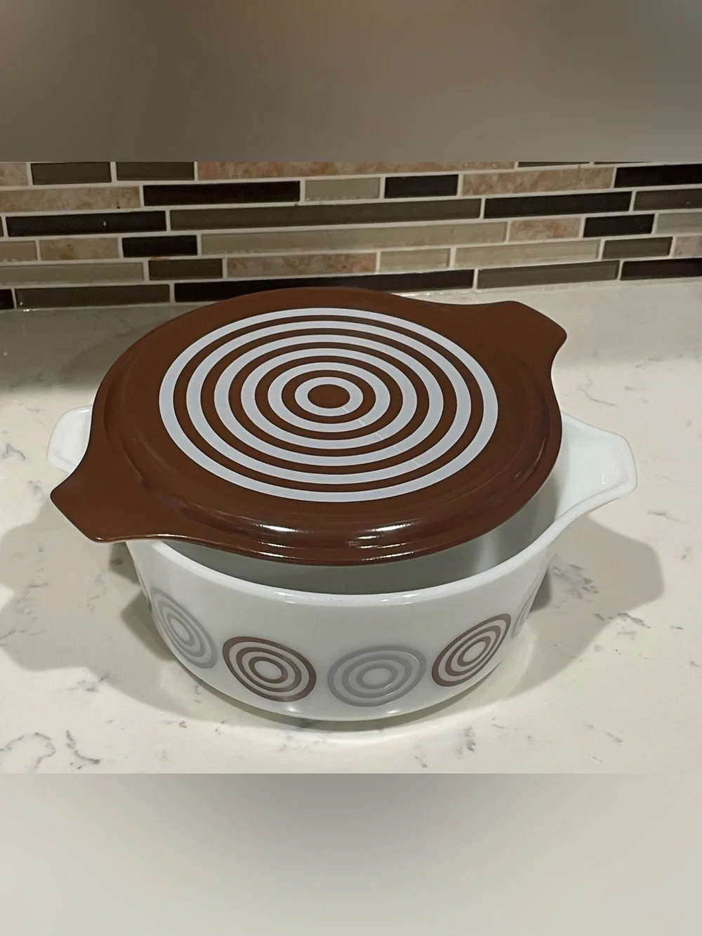 Vintage Salton Cosmopo Pyrex Casserole Dish with Lid Brown Swirl Pattern